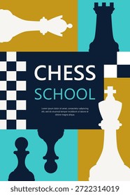 Chess school banner. Modern vector illustration featuring chess pieces and  chessboard, suitable for themes of strategy, competition, logic, tournaments, education, and club and school promotion. 