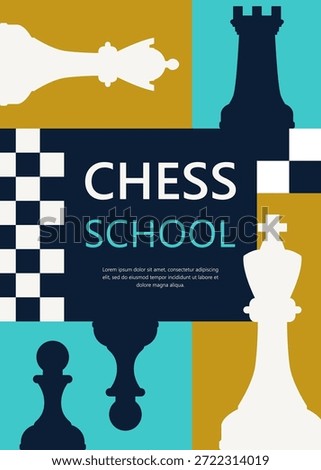 Chess school banner. Modern vector illustration featuring chess pieces and  chessboard, suitable for themes of strategy, competition, logic, tournaments, education, and club and school promotion. 