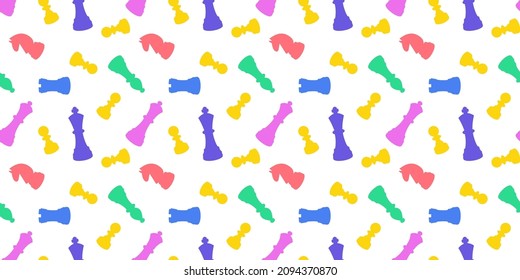 Chess seamless pattern. Colorful horizontal cover. Vector flat silhouettes. 