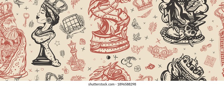 Chess seamless pattern. Gambit. Old school tattoo background. White king and black queen. Pieces, board game. Fiery knight and burning rook. Checkmate concept. Traditional tattooing art 