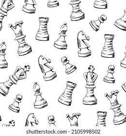 Chess seamless pattern.  Hand-drawn sketch. Vector background.