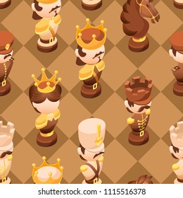 Chess seamless pattern with isometric cartoon chess pieces King, Queen, Bishop, Rook, Pawn, Knight.  Vector flat illustration. Decoration for wrapping paper, prints for clothes, textiles, wallpapers.