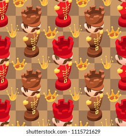 Chess seamless pattern with isometric cartoon chess pieces Rook and crown.  Cute background. Vector flat illustration. Decoration for wrapping paper, prints for clothes, textiles, wallpapers.