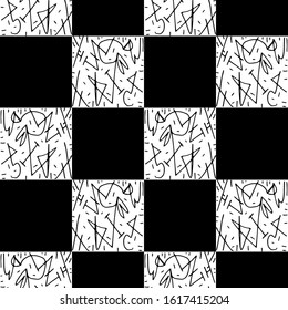 Chess seamless pattern. Monochrome vector illustration with hand drawn graphic elements.