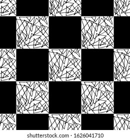 Chess seamless pattern. Monochrome vector illustration with hand drawn graphic elements.