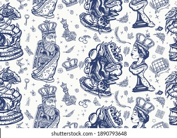 Chess Seamless Pattern. Old School Tattoo Style. Checkmate Concept. Traditional Tattooing Art. White King And Black Queen. Gambit. Pieces, Board Game. Fiery Knight And Burning Rook 