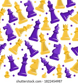 Chess seamless pattern. Purple and yellow figures on cage field ancient strategy game developing logic decorative vintage art with beautiful textures logic battle vector competition.