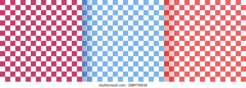 Chess seamless pattern. Race, checkerboard texture. Square chessboard print. Set of backgrounds with cells. Vector illustration. Retro monochrome grid.