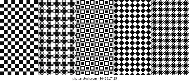 Patrón de ajedrez sin fisuras. Vector. Colocar, a cuadros, texturas cuadradas. Piel de Gingham, fondo textil búfalo. Permite colocar impresiones de tejas tartesas retro. Diseño simple geométrico en blanco y negro. Ilustración abstracta. 