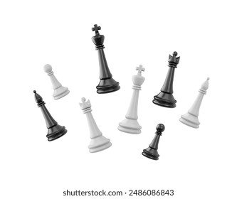 Juego de ajedrez en Ilustración vectorial 3D. Rey, reina, obispo y peón en blanco y negro para el juego de estrategia visual. Elementos de diseño sobre fondo aislado. Un juego intelectual para el ocio o el deporte.