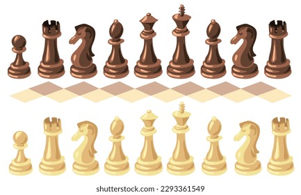 A chess set of brown and white pieces with a sketch of a checkered board. Vector illustration. Chess cartoon. Game pieces. Simple wooden chess. Collection of the whole set