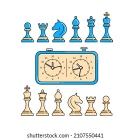 Chess set and chess clock. Complete set includes King, Queen, Rook, Pawn and so on. Vector graphics on white isolated background.