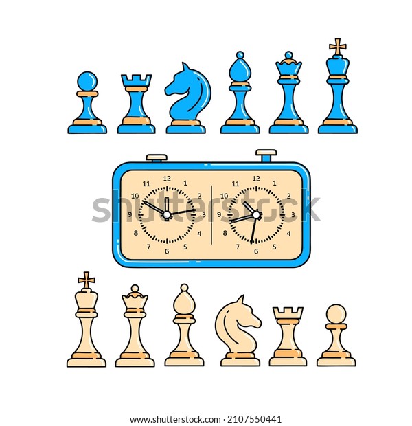 Chess set and chess clock. Complete set\
includes King, Queen, Rook, Pawn and so on. Vector graphics on\
white isolated\
background.