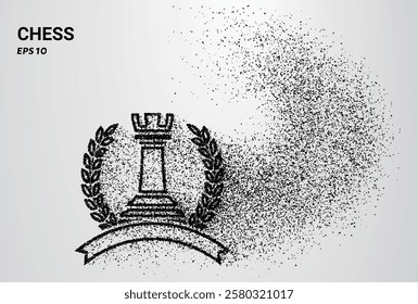 A chess set depicted with small circles and dots, with particles swirling around it. Vector illustration.