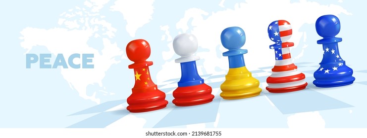 Chess set with flags of Russia, Ukraine, USA, China and EU-European Union. Metaphor of conflict. Vector realistic illustration