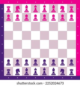 Chess set illustration. A checkered chessboard and a full chess set with purple and pink pieces. Game figures vector illustration. Strategy, game, intelligent hobby, competition