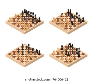 Chess Set Isometric View Figures on Wooden Chessboard Strategy Sport Game. Vector illustration