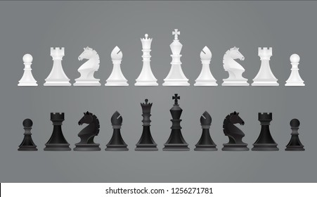 Chess set. White and black chess pieces.  Vector illustration.