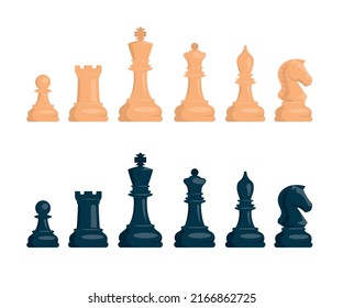 Schach. Set aus weißen und schwarzen Schachstücken. Ritter, Rok, Pfand, Bischof, König, Königin. Vektorbild.