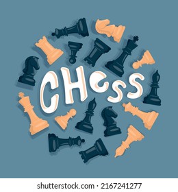 Chess. Set of white and black chess pieces. Lettering. Knight, rook, pawn, bishop, king, queen. Vector image.