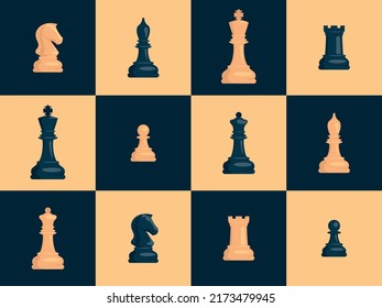 Chess. Set of white and black chess pieces. Knight, rook, pawn, bishop, king, queen. Vector image.