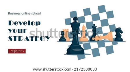 Chess. Set of white and black chess pieces. Knight, rook, pawn, bishop, king, queen. Advertising banner. Vector image.