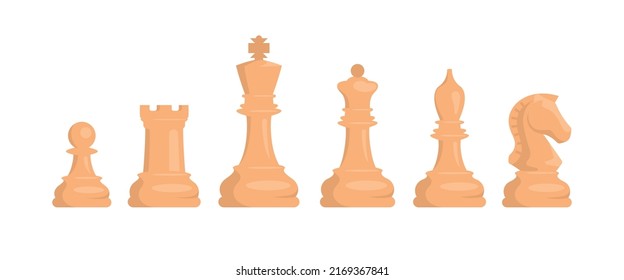 Chess. Set of white chess pieces. Knight, rook, pawn, bishop, king, queen. Vector image.