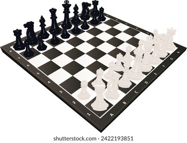 Chess setup. Black and white chessboard with chess pieces. Vector illustration.