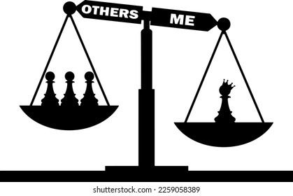 Chess silhouette of a narcissistic pawn figure with a crown on his head considers himself weightier over three pawns on weights. Vector Silhouette. Concept of narcissism and selfishness