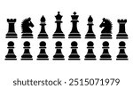 Chess silhouettes vector icons. Chess icons set. Chess black flat icons. King, Queen, rook, knight, bishop, pawn. Vector chess isolated on white background. Chessboard game.