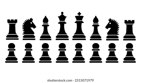 Chess silhouettes vector icons. Chess icons set. Chess black flat icons. King, Queen, rook, knight, bishop, pawn. Vector chess isolated on white background. Chessboard game.