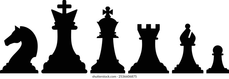 Iconos de vector de siluetas de ajedrez. Conjunto de iconos de ajedrez. Iconos planos negros de ajedrez. Rey, reina, torre, caballero, alfil, peón. Vector de ajedrez aislado en blanco