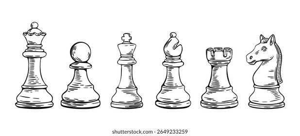 Chess sketch drawing of full classic piece lineup