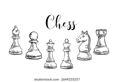 Chess sketch illustration with six classic game figures