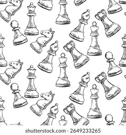Chess sketch seamless pattern with repeating game pieces