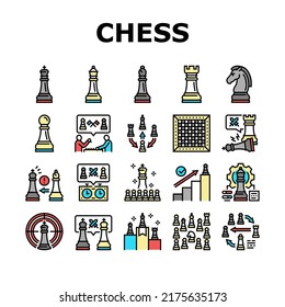 Chess Smart Strategy Game Figure Icons Set Vector. King And Queen, Rook And Pawn, Elephant And Horse For Playing Chess. Players Playing Together On Competition Success Achievement Color Illustrations