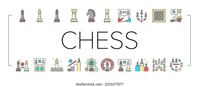Chess Smart Strategy Game Figure Icons Set Vector. King And Queen, Rook And Pawn, Elephant And Horse For Playing Chess. Players Playing Together On Competition Success Achievement Color Illustrations