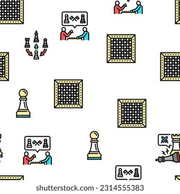 Chess Smart Strategy Game Figure Vector Seamless Pattern Thin Line Illustration