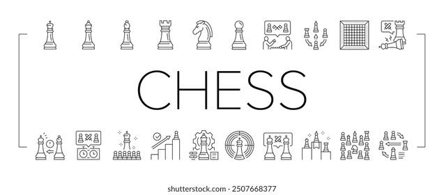 Chess Smart Strategy Game Figure Icons Set Vector. King And Queen, Rook And Pawn, Elephant And Horse For Playing Chess. Players Playing Together On Competition Success Black Contour Illustrations