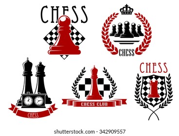 Chess sporting club emblems and logo with chessboards, clock, queen, rook and pawns pieces, supplemented by medieval shield, laurel wreaths, ribbon banners and crown