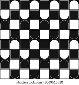 Chess squares and rounded shapes. Vector with checkerboard pattern.