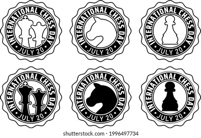 Chess stamp with pawn, knight, king and queen logo. International chess day. 20 july