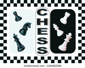 Chess is a strategic board game. Lettering word chess with six chess pieces. Three pieces are white: rook, bishop, king. Three fugurs are black: queen, knight, pawn. The combination of black and white