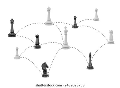 Chess strategy. 3D vector illustration of linked chess pieces on an isolated background. A detailed chess set, a classic game of intelligence and tactics.