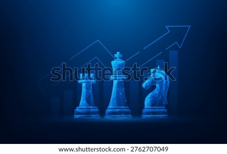 chess strategy and arrow growth achievement low poly wireframe blue background. business target achievement concept. making a profit from investments. vector illustration fantastic technology.