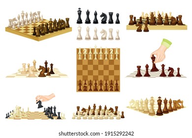 Chess as Strategy Board Game with Chessboard and Chess Pieces Vector Set