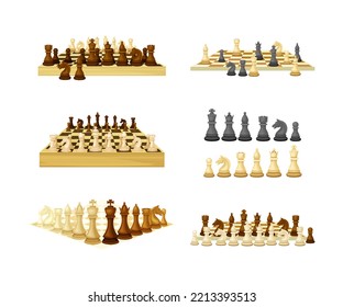 Chess as Strategy Board Game with Chessboard and Chess Pieces Vector Set