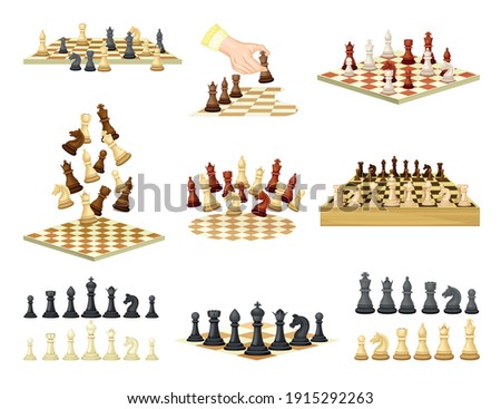 Chess as Strategy Board Game with Chessboard and Chess Pieces Vector Set