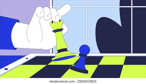Chess strategy in business 2D illustration concept. Queen chess piece defeating pawn cartoon scene background. Checkmate game. Strategic chessboard match metaphor abstract flat vector graphic