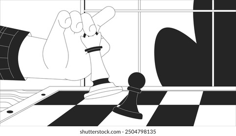 Chess strategy in business black and white 2D illustration concept. Queen chess piece defeating pawn outline cartoon. Checkmate game. Strategic chessboard match metaphor monochrome vector art